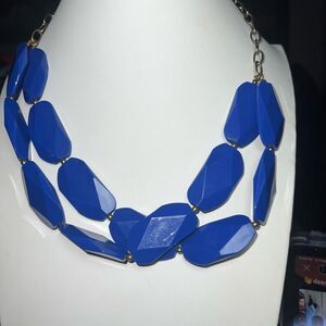 Double Strand Gold Tone And Blue Acrylic Bead Modernist Necklace